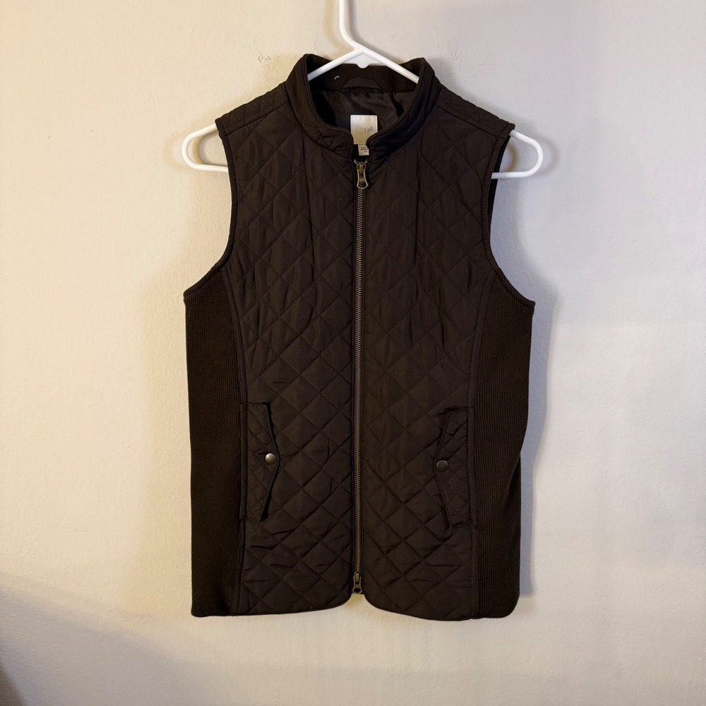 J. Jill Women Black Diamond Quilted Zip Front Vest Ribbed Sides XS